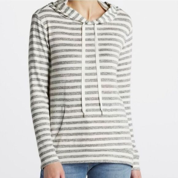 Market & Spruce Perine Pocket Gray Stripe Hooded Long Sleeve Pullover Top - Picture 1 of 15